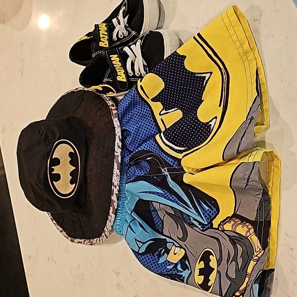 Batman shoes swim trunk and sun hat lot